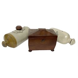 sarcophagus shaped tea caddy with bun feet, together with two stone hot water bottles, caddy H17cm 