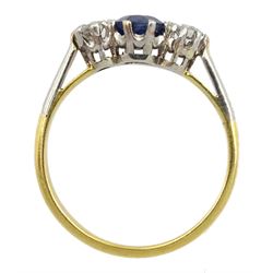 Gold three stone round sapphire and round brilliant cut diamond ring, stamped 18ct, sapphire approx 0.55 carat, total diamond weight approx 0.40 carat