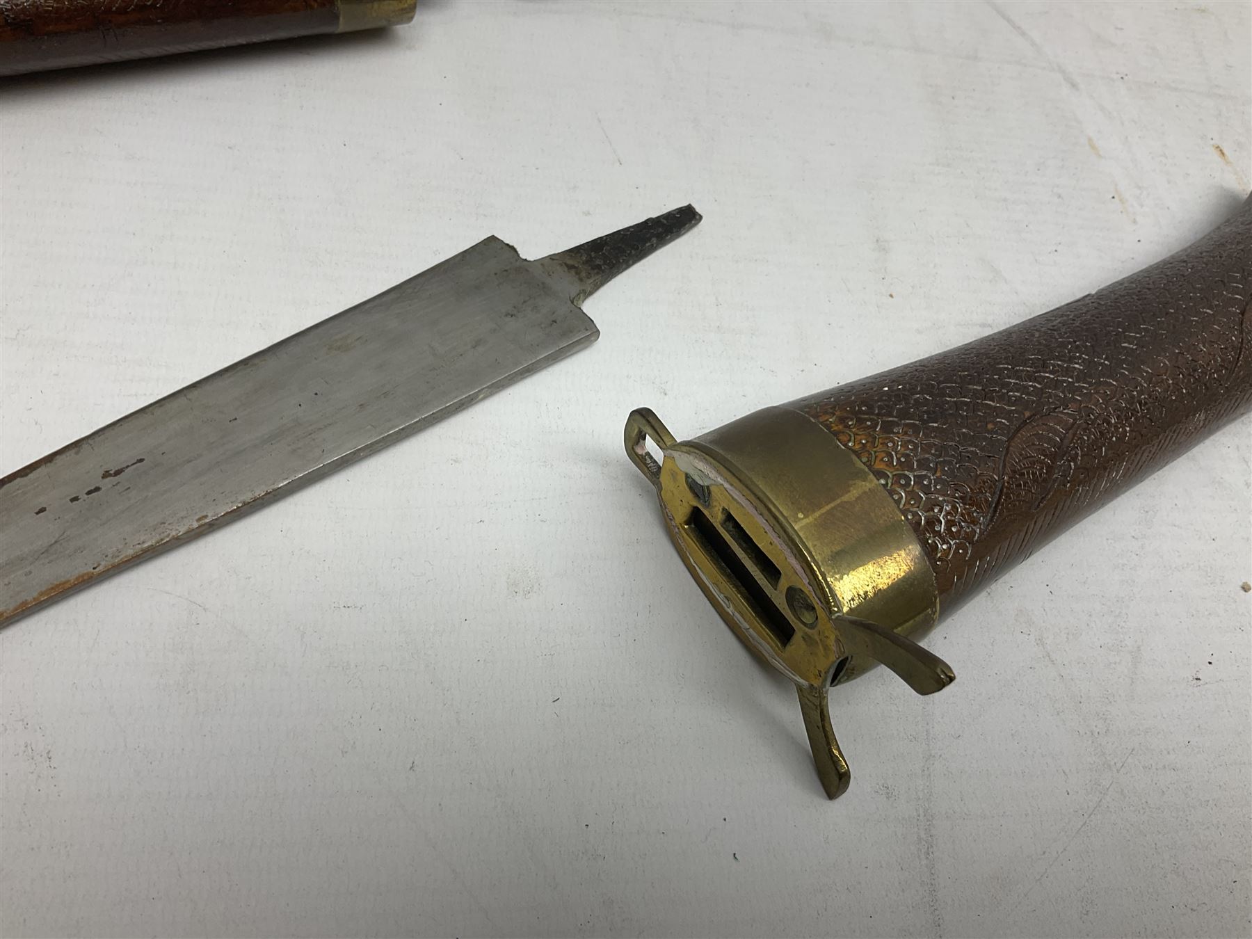 Early 20th century Indian wooden fish scabbard knife and fork serving set, together with other carving instruments with antler handles to include a Walker & Hall example