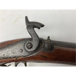 Re-manufactured percussion converted from flintlock single barrel pistol, the 20cm barrel with ramrod under, reused back action lock, brass furniture and hardwood stock L41cm overall