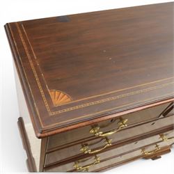 George III inlaid mahogany chest, shell inlaid and line chain detail, brass swan neck with cockbeaded edges, raised on bracket feet  
