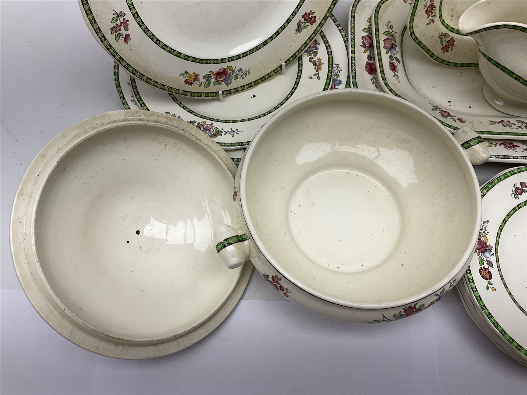 Copeland Spode, Spode's Glory pattern part dinner service, comprising two covered tureens, six dinner plates, six side plates, six dessert plates, sauce jug, three serving dishes of various sizes   