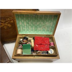 Three 19th century wooden boxes, to include a sewing box of sarcophagus form upon compressed bun feet, plus a mahogany twin handled kidney shaped tray, in one box