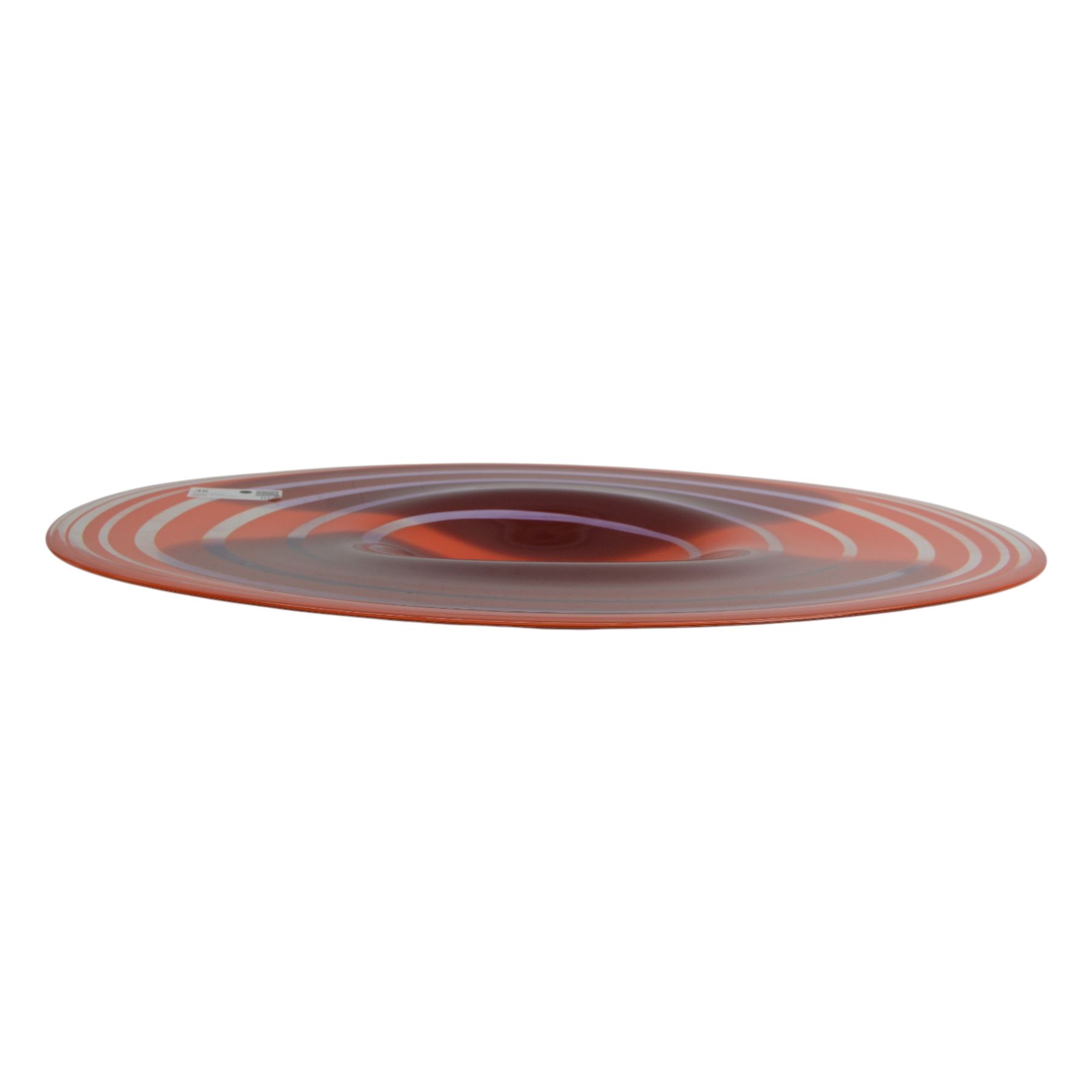 Gibovskis glass dish, with  spiral pattern in red and purple, signed beneath, W48cm, L59cm