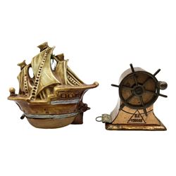 Copper tape measure in the form of a ship`s wheel, marked 'Rd. 128885' to the front, and a celluloid tape measure in the form of a galleon, wheel H4cm