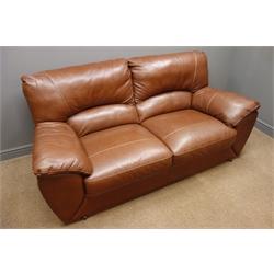  Three seat sofa (W192cm), and matching two seat sofa (W155cm), upholstered in brown leather  