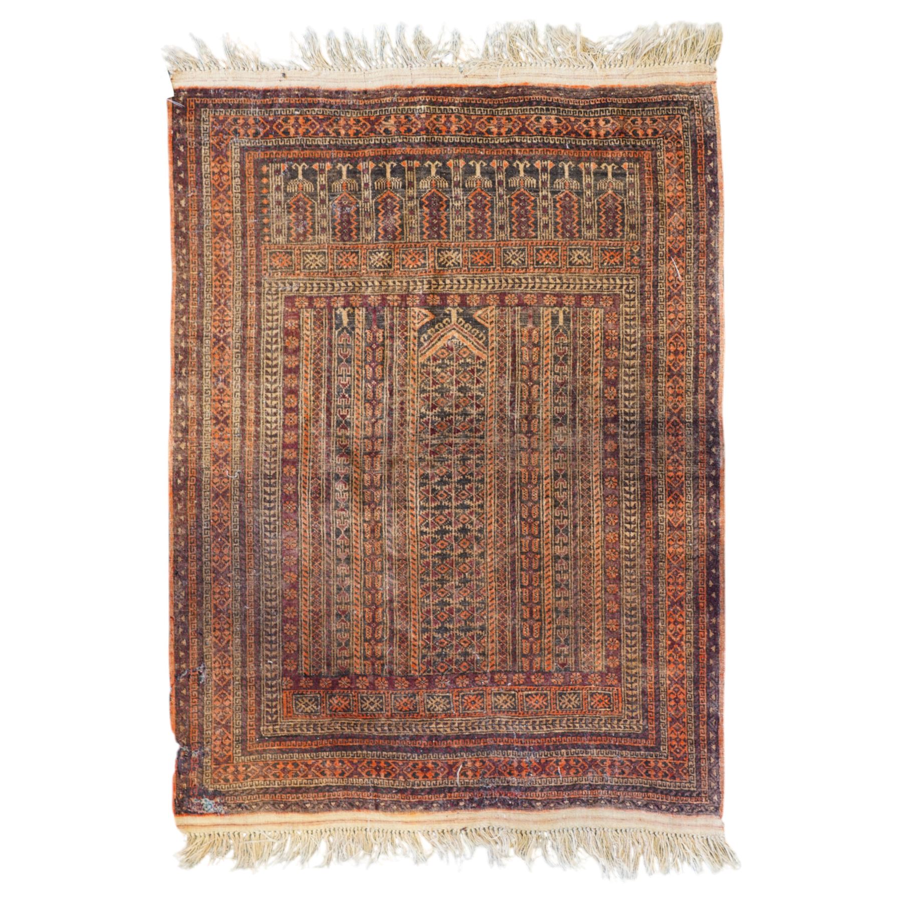 North West Persian Baluch prayer rug, central pointed mihrab design,    dark brown and camel tones, with repeating geometric and stylised floral motifs, lower field with tree of life motifs, main border geometric vine pattern in alternating colours, narrow guard stripes with repeating small motifs 