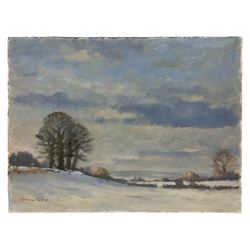 William Burns (British 1923-2010): Snowy Landscape', oil on board signed, titled verso 30cm x 40cm (unframed)
Provenance: direct from the artist's family. Born in Sheffield in 1923, William Burns RIBA FSAI FRSA studied at the Sheffield College of Art, before the outbreak of the Second World War during which he helped illustrate the official War Diaries for the North Africa Campaign, and was elected a member of the Armed Forces Art Society. On his return to England, he studied architecture at Sheffield University and later ran his own successful practice, being a member of the Royal Institute of British Architects. However, painting had always been his self-confessed 'first love', and in the 1970s he gave up architecture to become a full-time artist, having his first one-man exhibition in 1979.