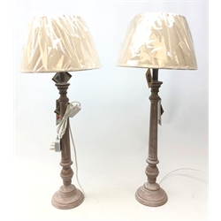  Pair distressed painted table lamps with hessian shades, as new with tags H72cm   
