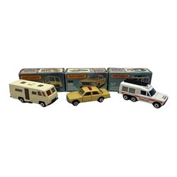 Matchbox/Superfast - eleven '1-75' series models comprising 53f Flareside Pick-Up, 54d personnel Carrier, 54e Mobile Home, 55g Ford Cortina, 56e Mercedes 450.SEL/Taxi, 56e Mercedes 450.SEL, 57f Carmichael Rescue Vehicle, 58e Faun Dump Truck, 59f Porsche 928 and 63d Freeway gas Tanker; all boxed (11)