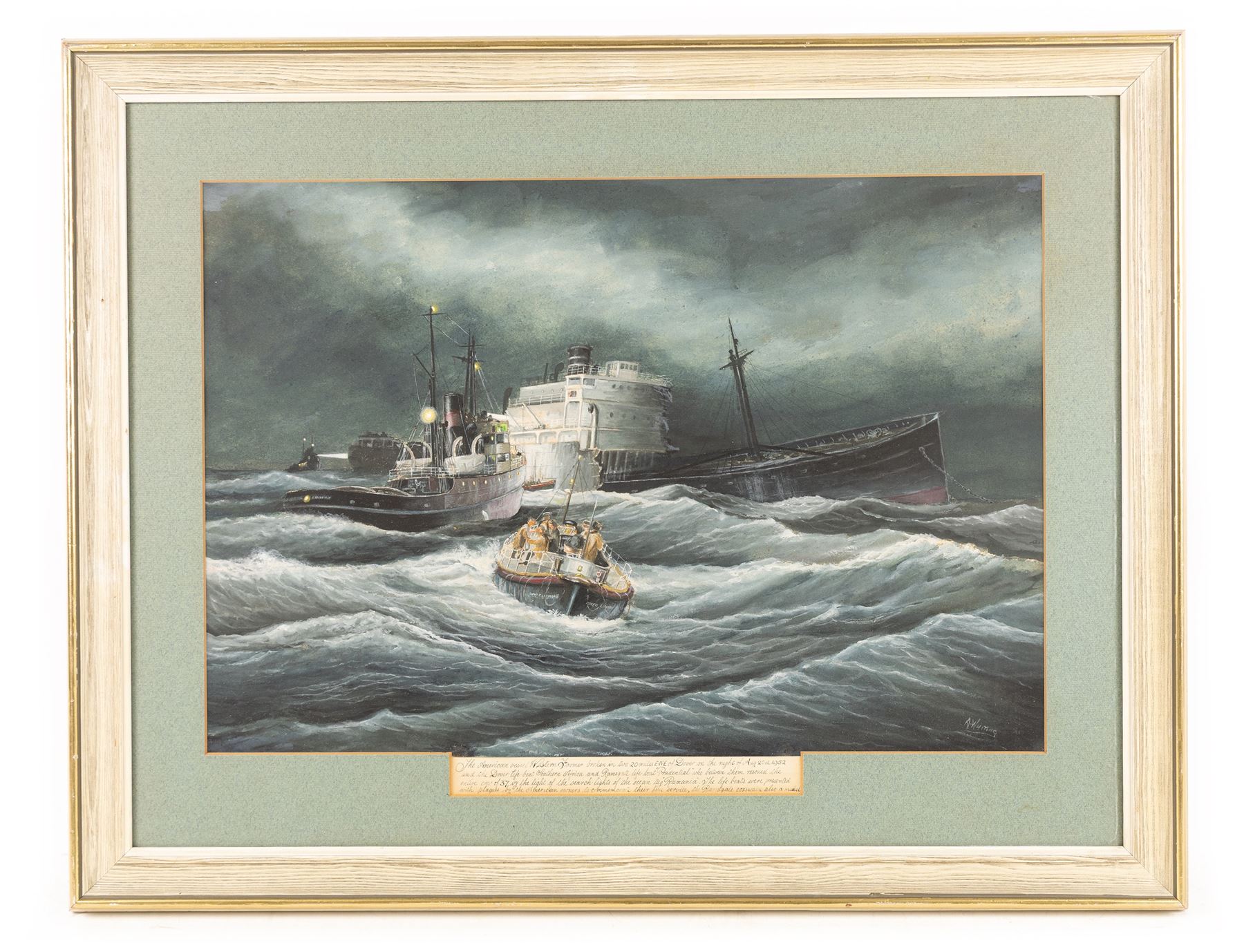 Alf Whiting (British 1905-1972): 'The Dover and Ramsgate Boats Stand By', watercolour signed, extensively titled on the mount, further titled verso 34cm x 50cm 

Notes: the picture depicts the rescue of the American Liberty Ship 'Western Farmer', which collided with the Norwegian tanker 'Bjor Gholm' twenty miles east of Deal on the 20th August 1952. The Dover lifeboat 'Southern Africa' and the Ramsgate lifeboat 'Prudential' rescued the entire crew of 37, by the light of the steam tug 'Rumania'.

Whiting was a Dover lifeboat man famed for returning from each rescue to paint the scene from memory. This was one of only two paintings done by Whiting showing a lifeboat of which he was not onboard; he had his legs in plaster at the time and was unable to go to sea, but the event became so famous that he was requested to paint it. An article on the artist from the East Kent Messenger, 13th July 1956, illustrating the present picture, is reproduced verso.