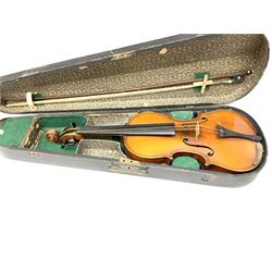 German violin c1900, copy of a Maggini, with 36cm two-piece maple back and ribs and spruce top, 59.5cm overall; in ebonised wooden 'coffin' case with nickel mounted pernambuco bow