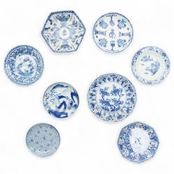 
Group of eight 18th century and later blue and white dishes, comprising Bird and Insect ...