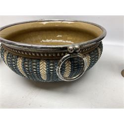 Five pieces of Doulton Lambeth silicon, comprising  salad bowl with plate mounted rim and handles, a pair of similar salad servers, vase and jug, jug H16cm