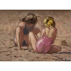 Nicholas St John Rosse (British 1945): 'Two on the Sand', oil on board signed, titled verso 15cm x 20cm
Provenance: with Royall Fine Art, Tunbridge Wells, label verso