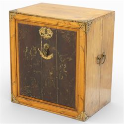 Early 20th century Korean elm bandaji chest, rectangular top above fall front door with ir...