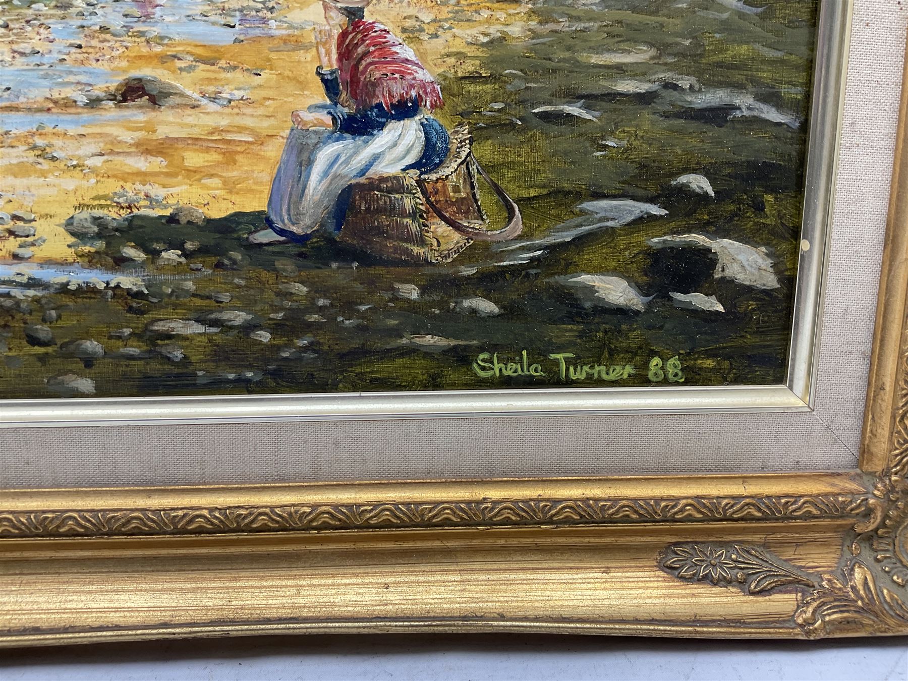 Sheila Turner (British 1941-): Ladies Working on the Shore, oil on board signed and dated '88, 50cm x 74cm