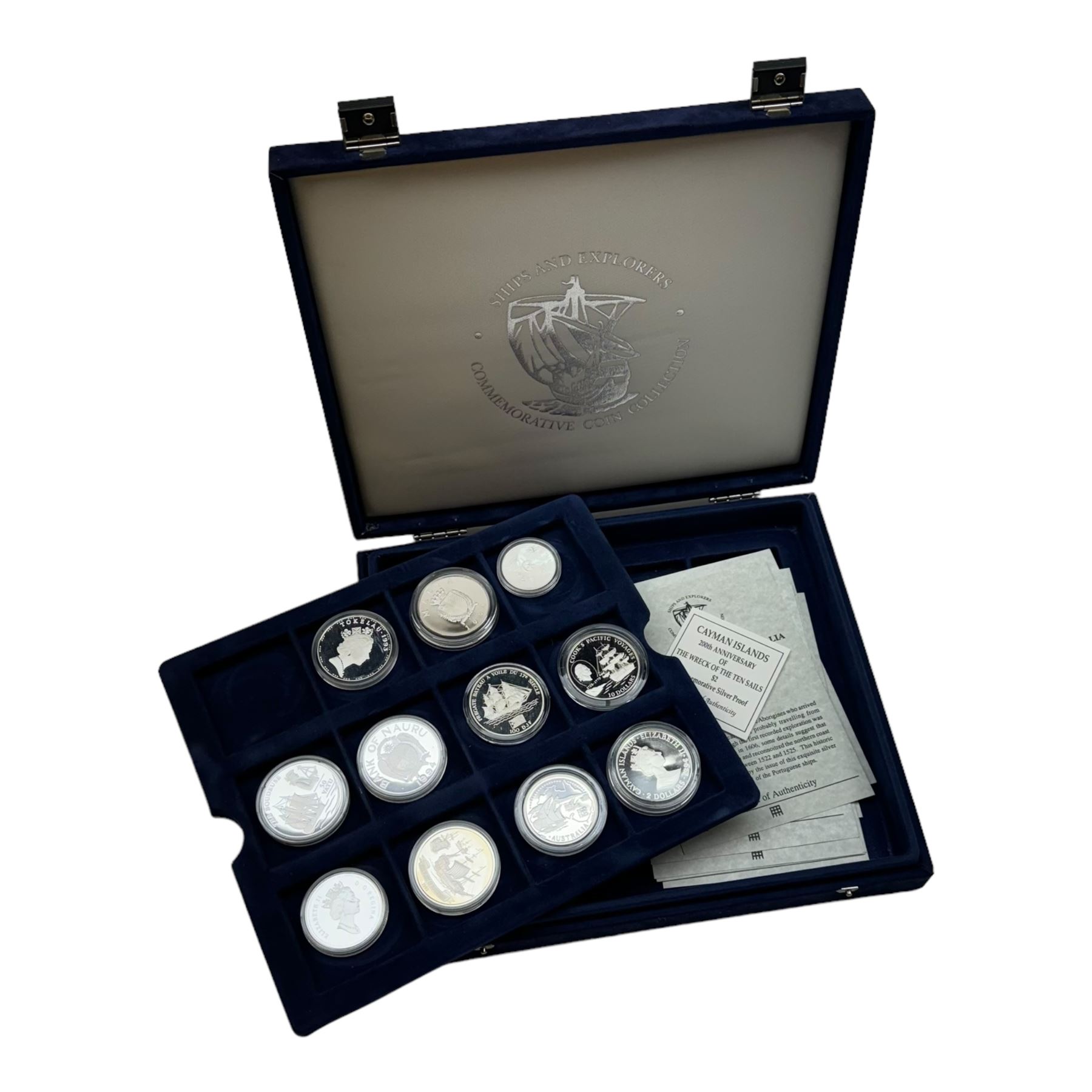 Eleven silver coins from 'The Official Silver Commemorative Coin Collection Ships and Explorers' all with certificates, housed in the official collectors case