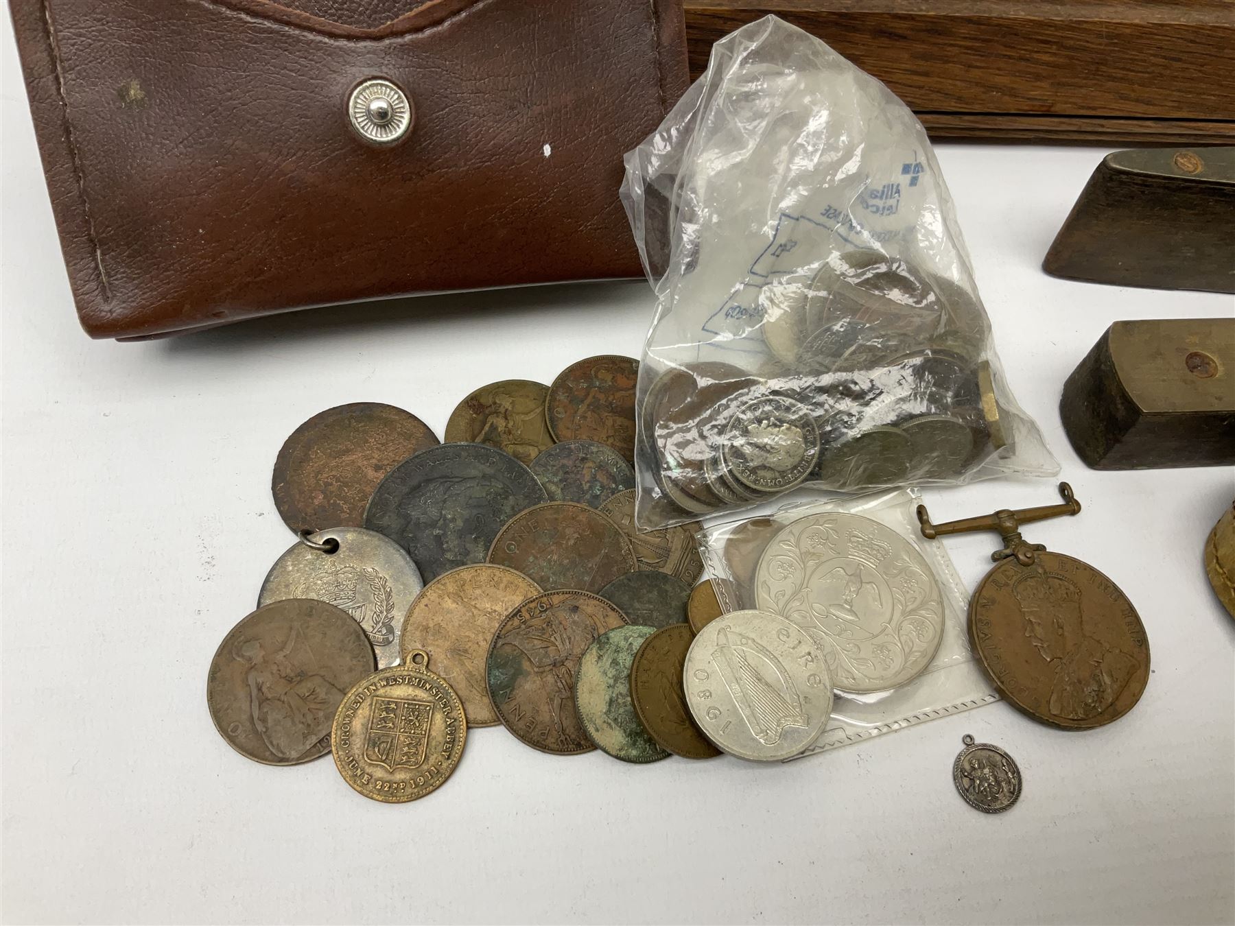 Framed picture of gentleman in military dress, 'killed in action in France' May 3rd 1915, two antique spirit levels, coins in a leather case and other collectables