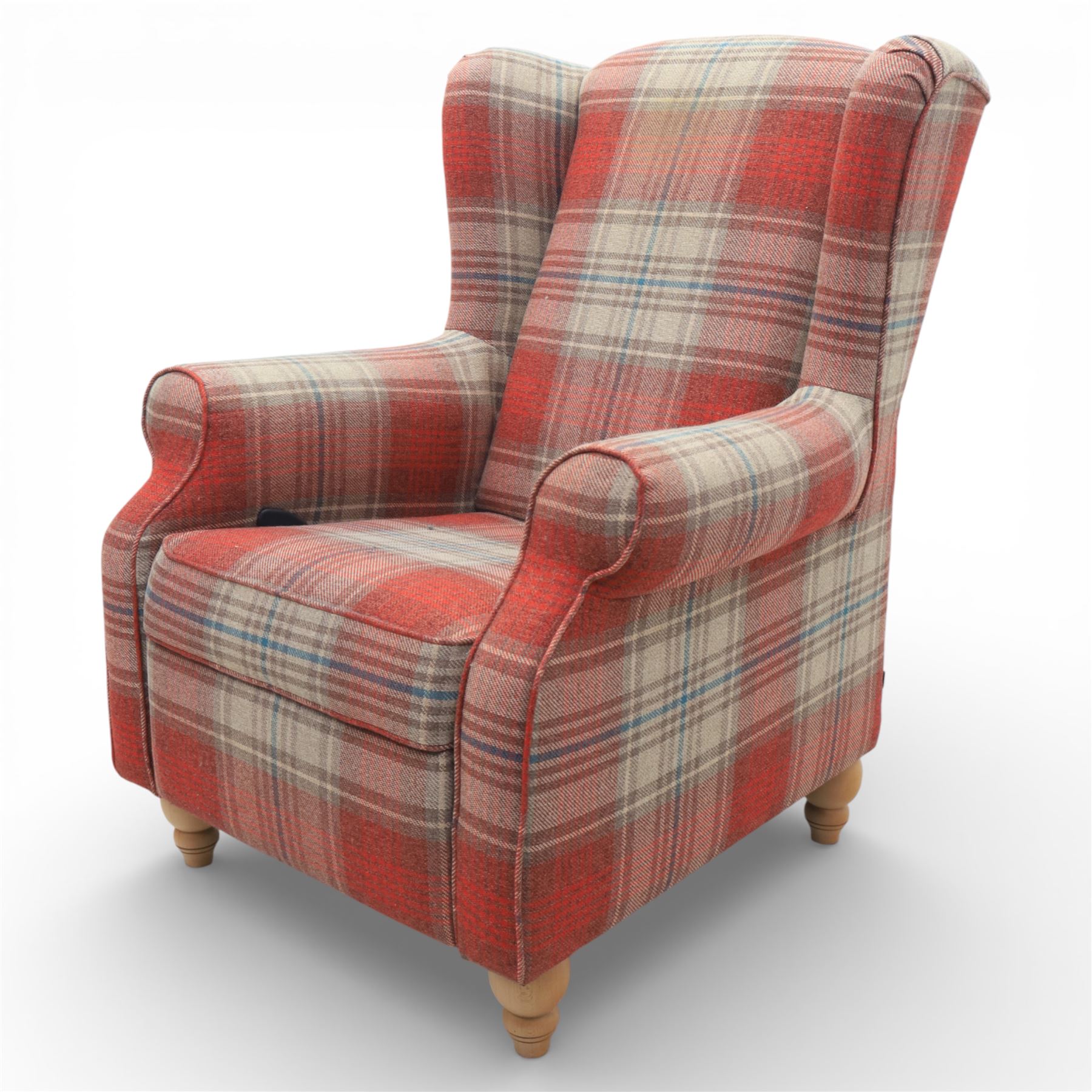 Next Home - Contemporary wingback reclining armchair, high winged back with padded sides, scroll arms, upholstered throughout in red and beige check fabric, loose seat cushion, fitted with a reclining mechanism, raised on short turned wooden 