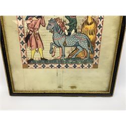 German School (14th century): 'Bruno von Hornberg' and 'Kol von Nüssen', pair prints of illuminated portraits from the 'Codex Manesse' together with print of 17th century Church writing