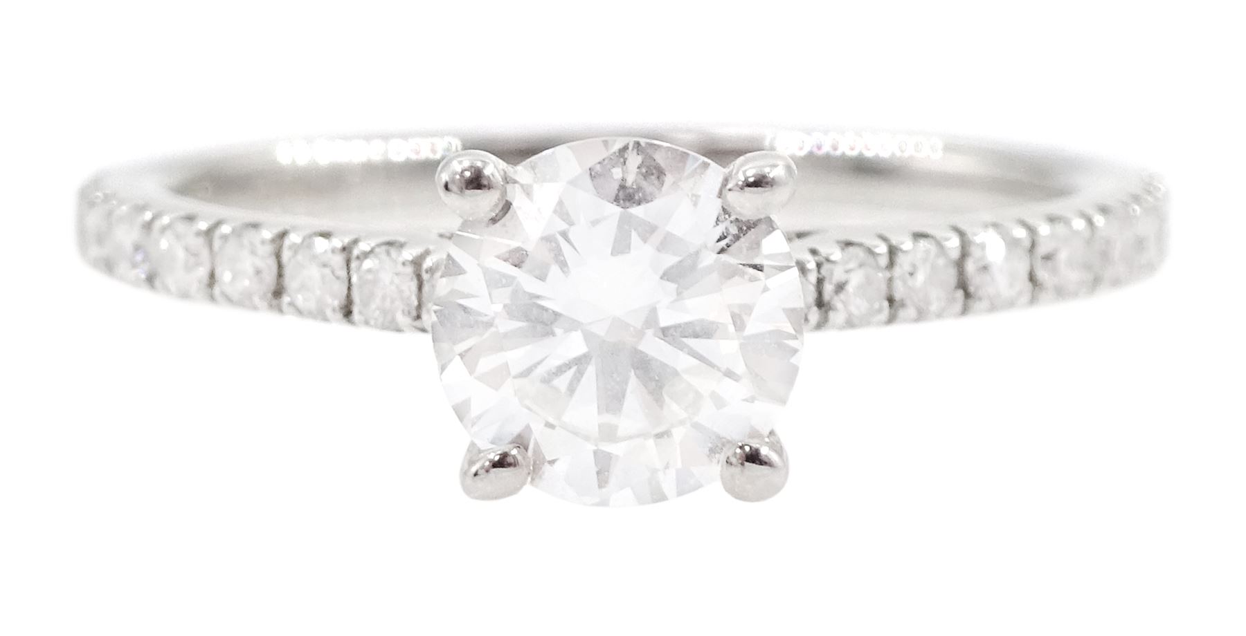 18ct white gold single stone round brilliant cut diamond ring, with diamond set shoulders, hallmarked, principal diamond 0.71 carat, with with International Gemological Institute report