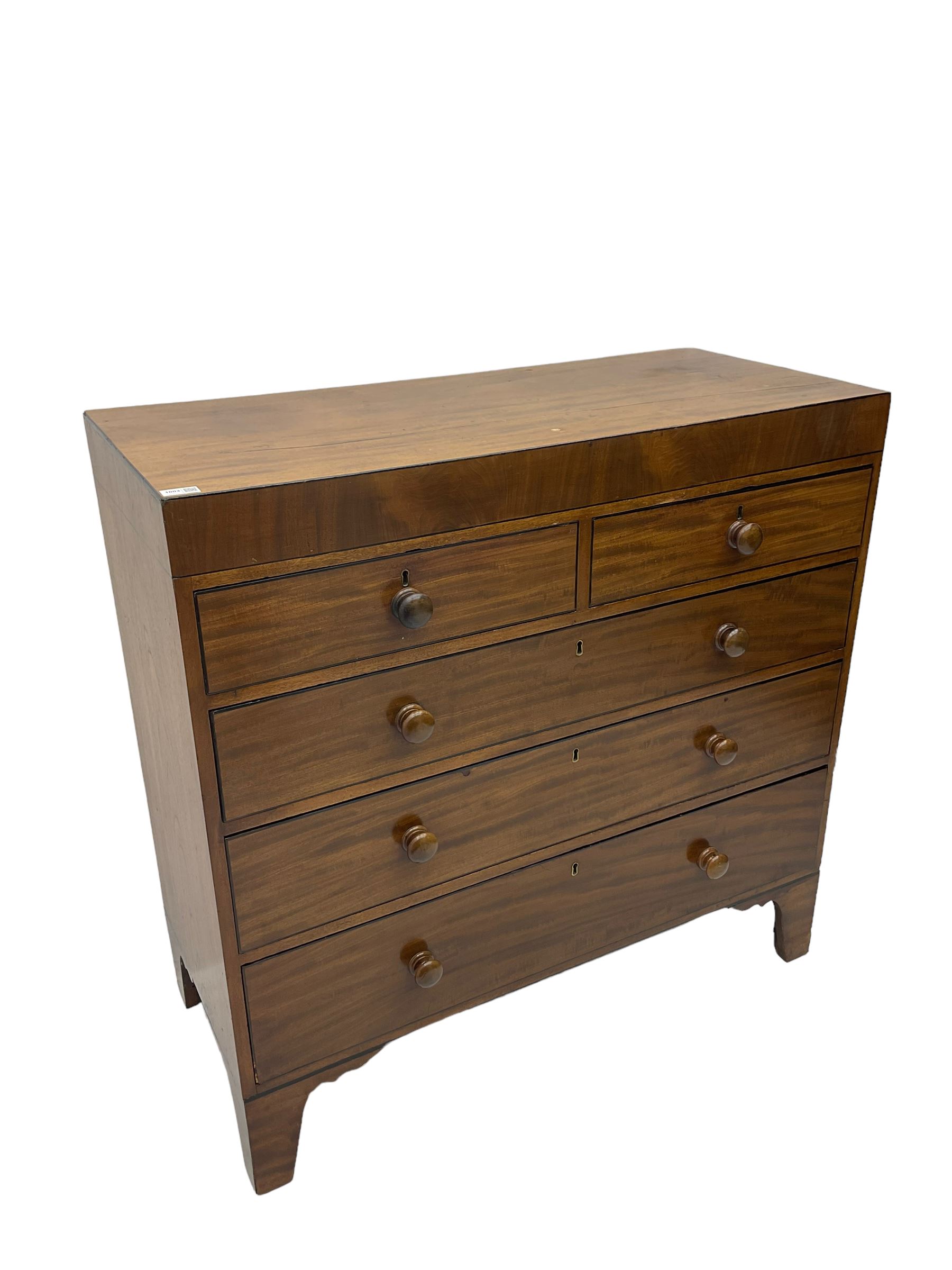 19th century straight-front chest, rectangular top with ebony strung edge, crossbanded frieze over two short and three long graduating drawers with ebony stringing, raised on bracket feet