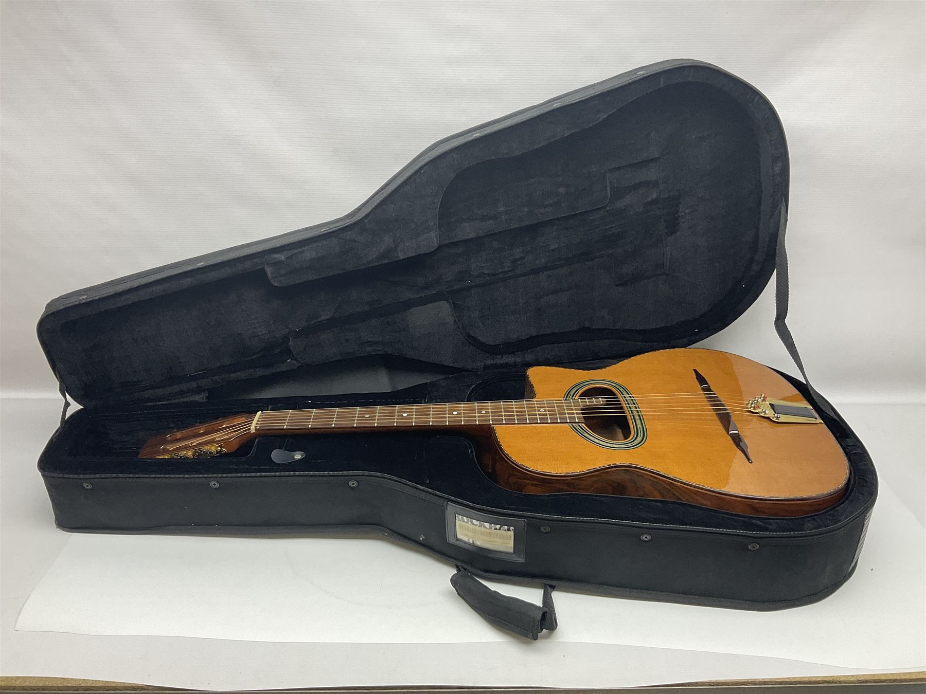 Spanish Gitano Manuel Rodriguez EMC1 Maccaferri acoustic guitar, c2000, the cedar top with D-hole, L98cm overall; in lightweight hard carrying case.