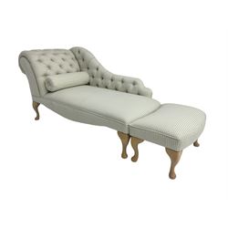 Chaise longue upholstered in striped fabric with buttoned back, on light beech cabriole feet, together with matching footstool