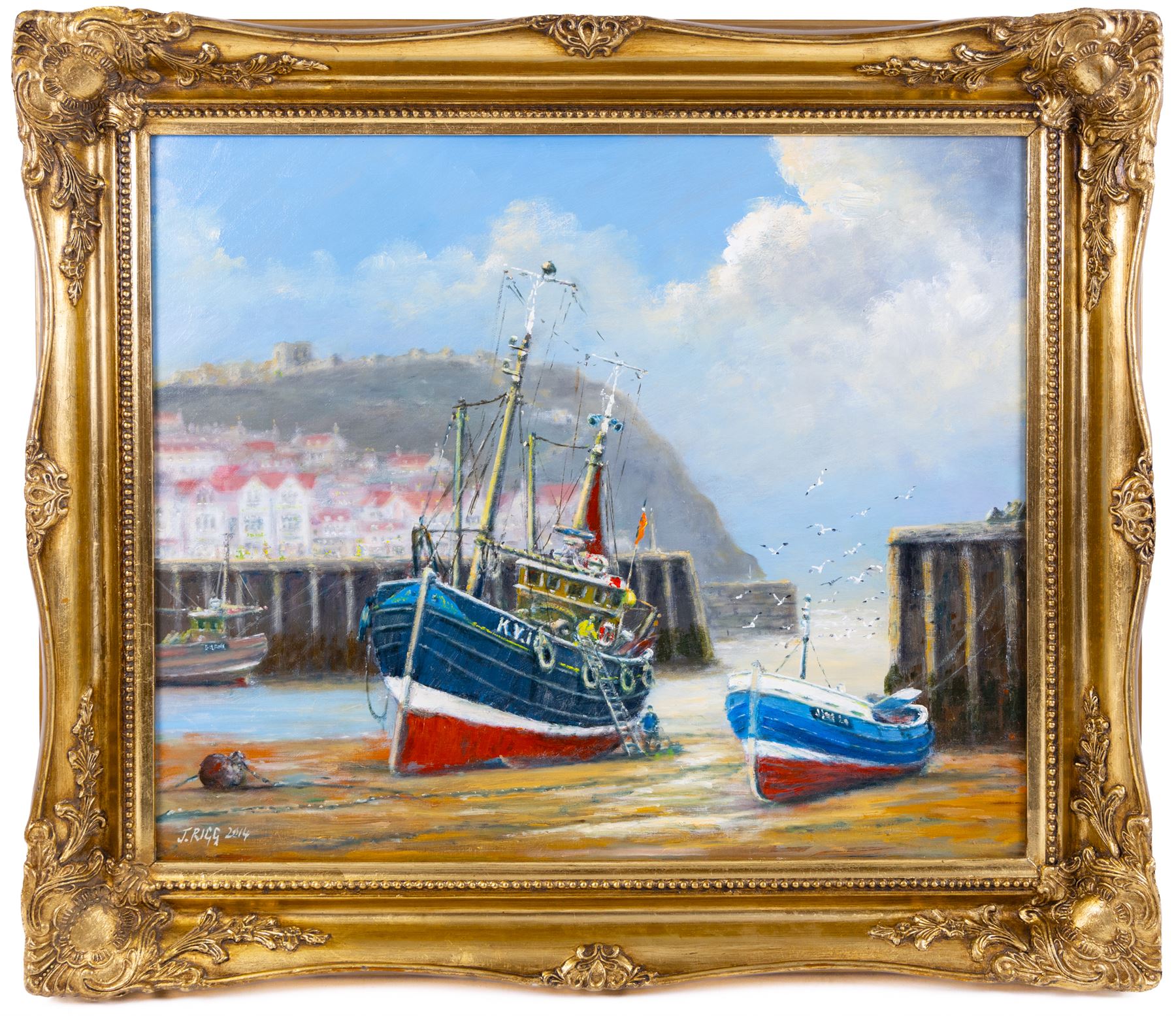 Jack Rigg (British 1927-2023): 'Summer Day - Spring Tide' - Kirkcaldy Trawler and Coble in Scarborough Harbour, oil on canvas board signed and dated 2014, titled verso 50cm x 60cm