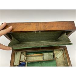 Victorian walnut sewing box, the hinged lid decorated with inlaid backgammon and cribbage board lifting to reveal lined compartmented interior with lift out tray