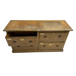 19th century rustic pine chest, rectangular top with lift off section over right top drawer, fitted with four large drawers, panelled sides, raised on plinth base