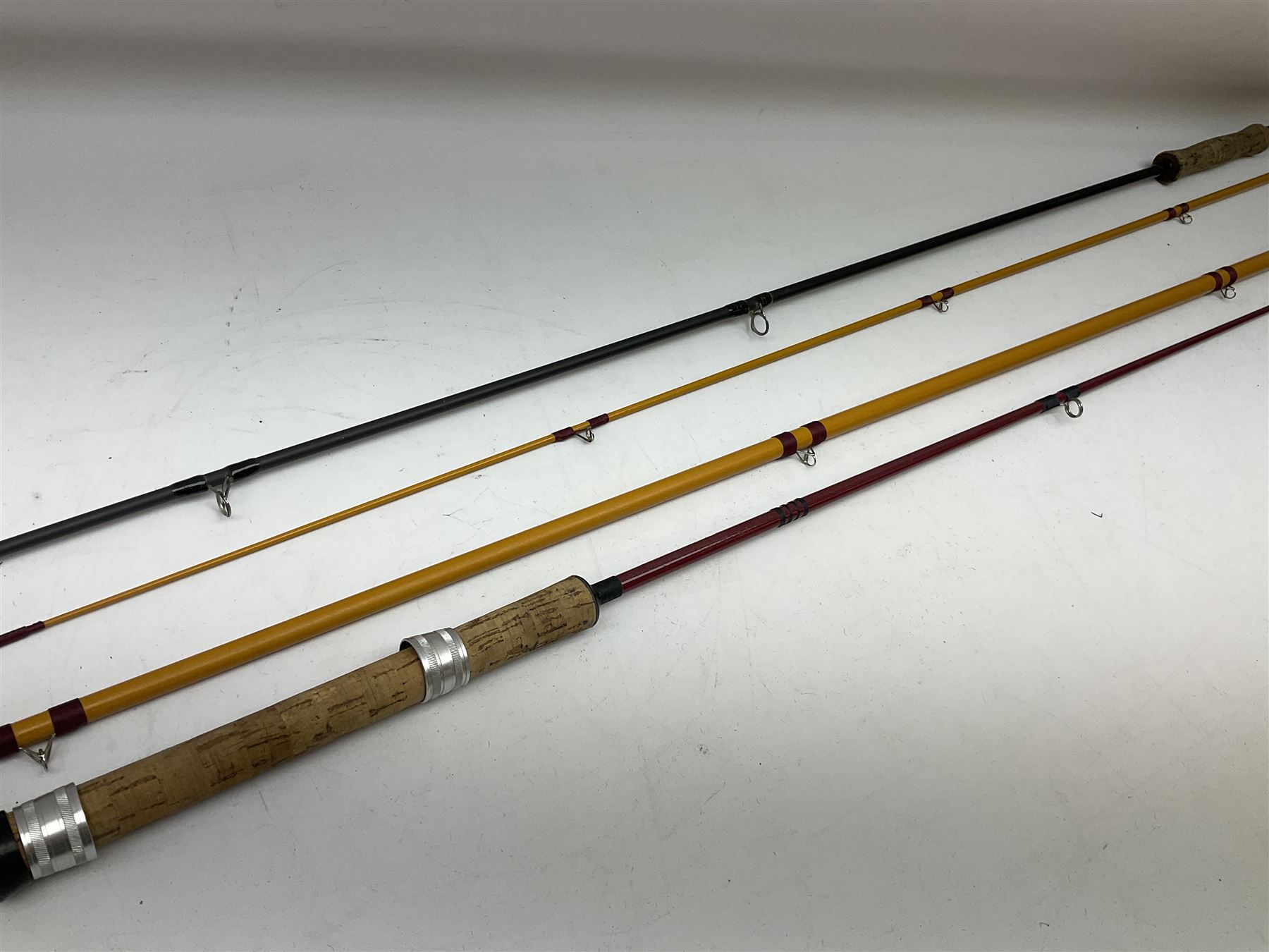 Quantity of fly and sea fishing rods and accessories, to include Shakespeare Boat 210 rod, Daiwa rod and others, and Guang Zhao FLD9000 course fishing reel, Beachmaster 7000FD, Rimfly II amd Penn Super Mariner, tackle etc