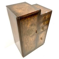 Early 20th century figured walnut Art Deco tallboy, three drawers, one tall and one short cupboard door 