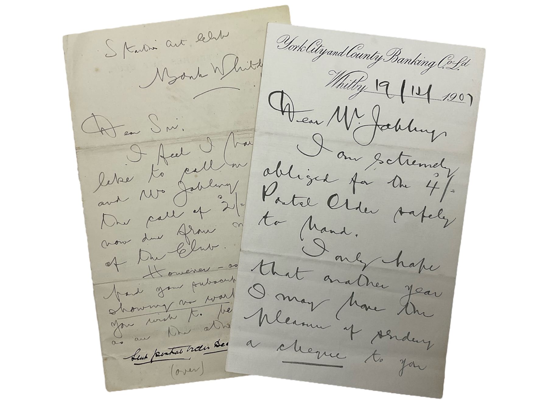 Hirst Walker (Staithes Group 1868-1957): two handwritten letters to fellow Staithes Group member Robert Jobling (1841-1923). 
The first, on York City and County Banking Co Ld Whitby headed paper, inscribed 'Dear Mr Jobling, I am extremely obliged for the 4/- postal order safely to hand. I only hope that another year I may have the pleasure of sending a cheque to you for pictures sold. I am sure you and Mrs Jobling have been most loyal to the Staithes Art Club. Faithfully yours, Hirst Walker.' 
The second being a copy of the Staithes Art Club Statement of Accounts for 1907, inscribed 'Dear Sir, I feel I hardly like to call on you and Mrs Jobling for the call of 2/- back now due from members of the Club. However - as you both paid your subscription - (tho' showing no work) - I feel you wish to be treated as are the other members. We have had another bad year. I hope that some entirely fresh arrangement mat be made for a future show; and that you and Mrs Jobling will contribute a full number of pictures. Yours faithfully, Hirst Walker. See inside.'
