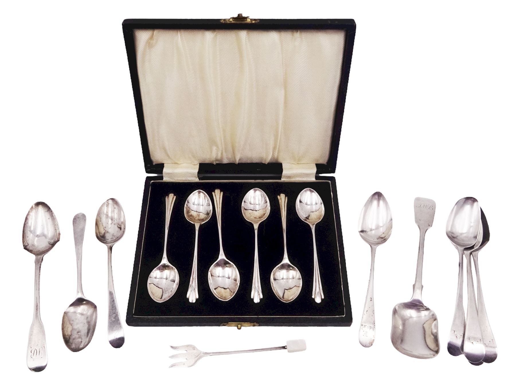 Group of silver spoons, including set of six 1930's silver coffee spoons, hallmarked W H Haseler Ltd, Birmingham 1934, contained within a fitted case, a set of four William IV Old English pattern teaspoons, no assay office mark, date letter for 1835, maker's mark worn and indistinct, a 1930's pickle fork with mother of pearl terminal, hallmarked Viner's Ltd, Sheffield 1934, and four other silver spoons, approximate total silver weight 5.39 ozt (167.5 grams)