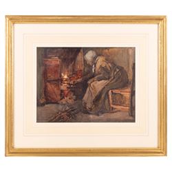 Henry Silkstone Hopwood (Staithes Group 1860-1914): Interior Scene with Old Woman Tending Fire, watercolour signed 26cm x 35cm