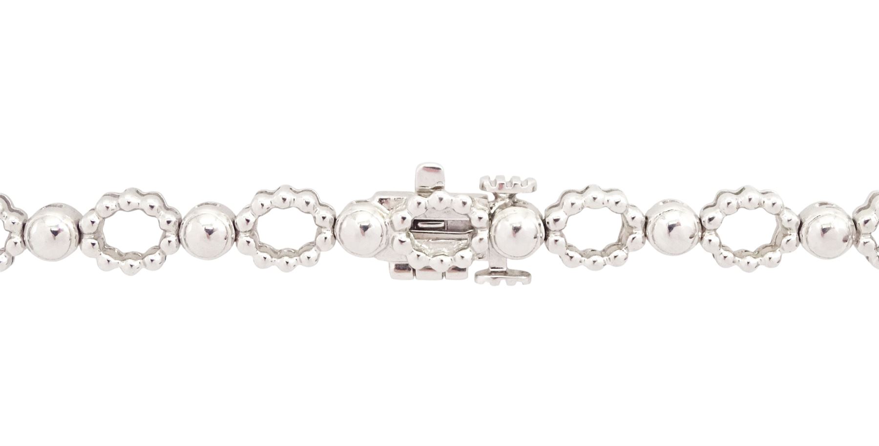 18ct white gold emerald and diamond necklace, fifteen oval cut emeralds, each surrounded by twelve round brilliant cut diamonds and spaced by a further four diamonds, to a fancy openwork oval and bead link necklace, stamped, total emerald weight approx 3.30 carat, total diamond weight approx 2.45 carat