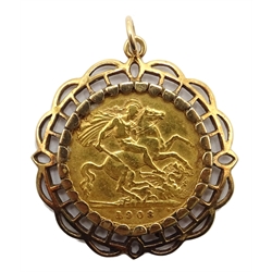  1908 gold half sovereign, loose mounted in 9ct gold pendant,  