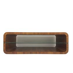 Contemporary walnut coffee table, curved rectangular form, fitted with central glass shelf