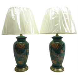  Pair Oriental style table lamps decorated with birds amongst foliage on turquoise ground, brushed brass base with shades, H40cm  