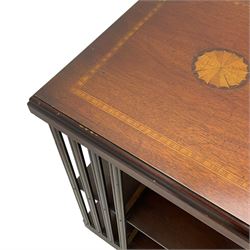Edwardian revival inlaid mahogany revolving bookcase, square form with moulded top inlaid with central fan motif, two-tiers with moulded upright rails, on castors 