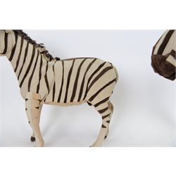 Karen Trower: two zebra sculptures, with leather sew over wood and metal frames, H48cm