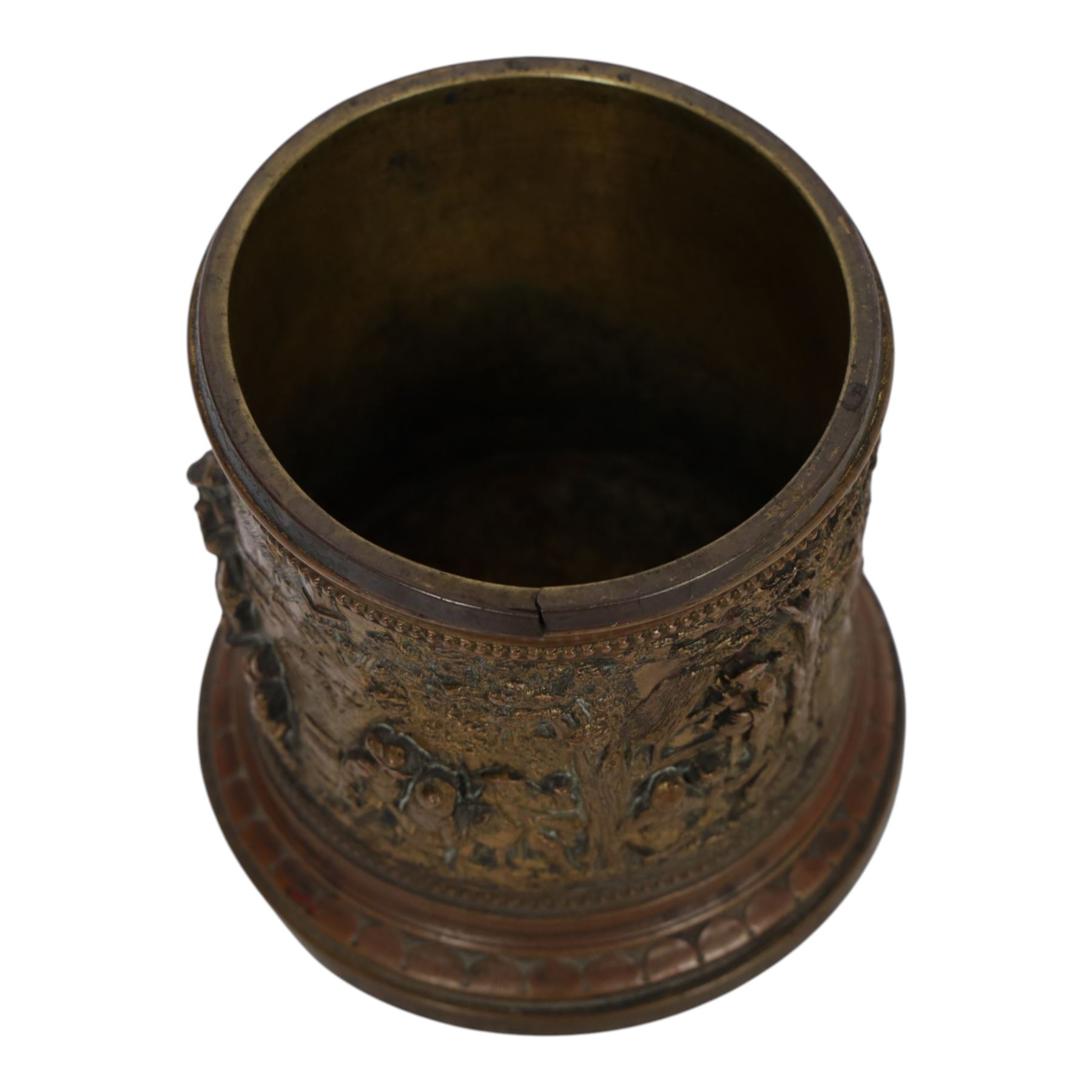 T & E of Paris, gilt bronzed white metal circular jar, decorated with high relief scenes after Tenniers, impressed mark beneath, H11cm