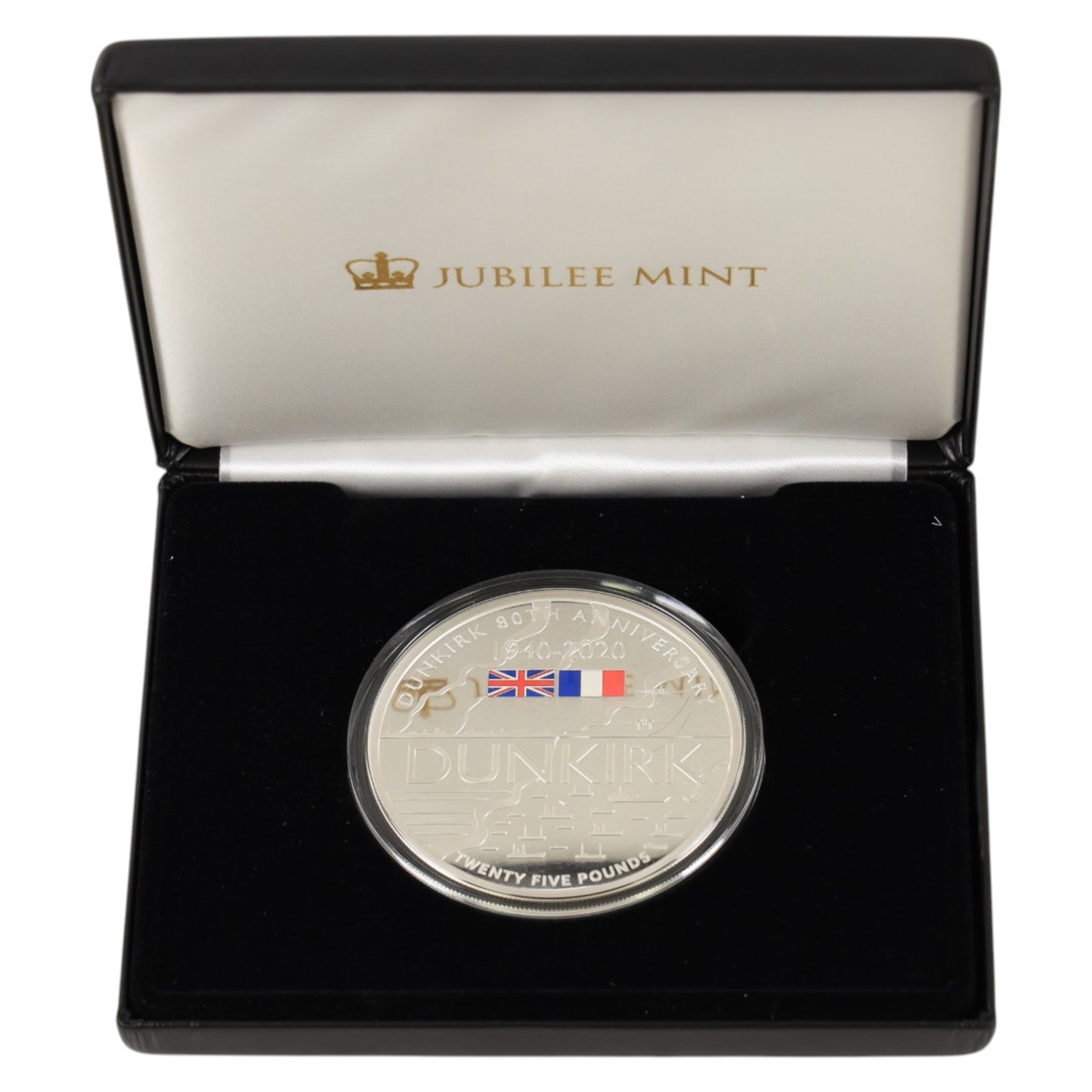 Queen Elizabeth II Alderney 2020 '80th Anniversary of Dunkirk' five ounce silver proof twenty-five pound coin, issued by the Jubilee Mint, cased with certificate