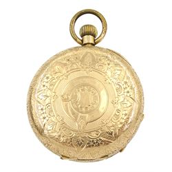 Early 20th century 14ct gold open face keyless cylinder fob watch, white enamel dial with Roman numerals, back case with engraved decoration, stamped K14
