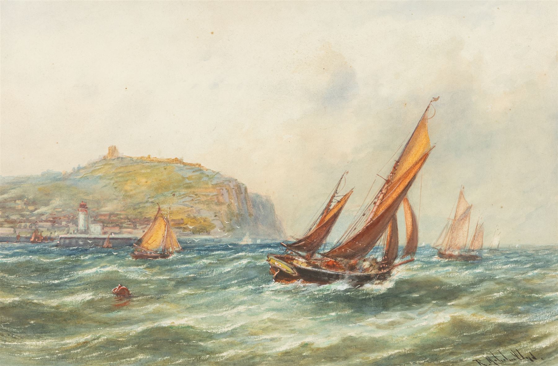 Robert Malcolm Lloyd (British 1859-1907): A Breezy Day off Scarborough, watercolour signed 35cm x 53cm 
