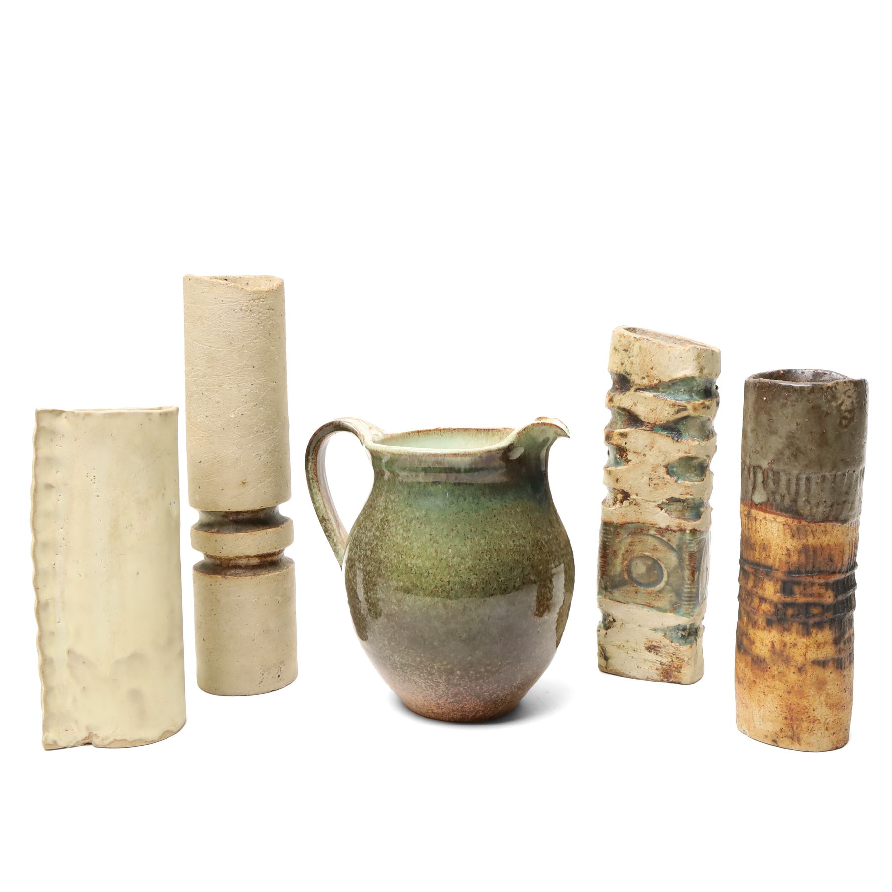 Three Alan Wallwork (1931-2019) vases, incised signature to bases, together with two further studio pottery works, tallest vase H25cm (5)