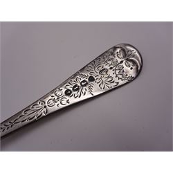 Victorian silver four piece christening set, comprising a beaker mug, napkin ring, fork and spoon, with bright cut floral decoration and monogrammed initials to each item, mug hallmarked Mappin & Webb (John Newton Mappin), Sheffield 1884, within tooled leather fitted case