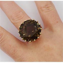 9ct gold single stone large round smokey quartz ring, hallmarked